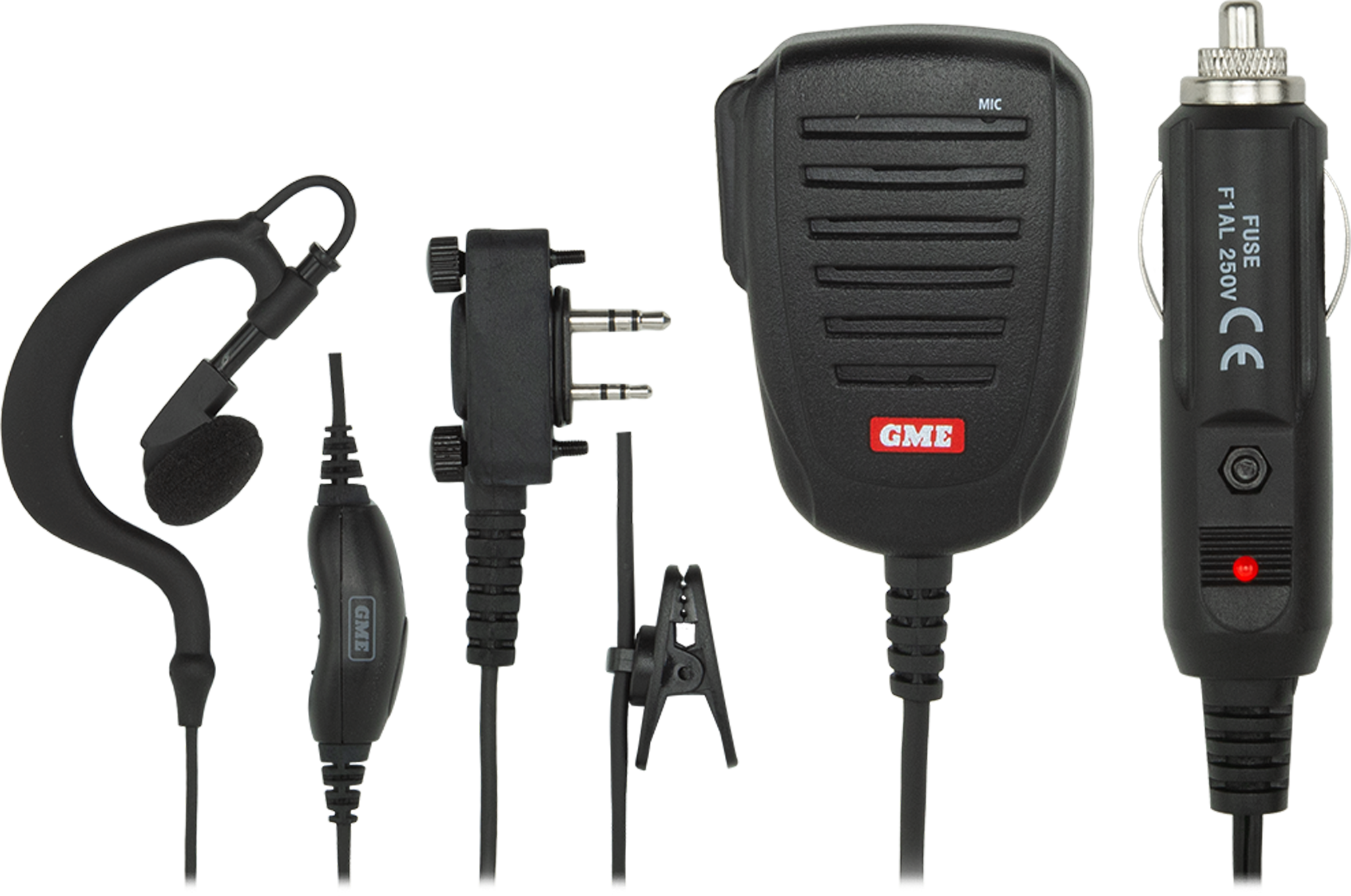 GME ACC6160 accessory kit with speaker microphone, earpiece microphone and 12V vehicle charger for TX6160X and TX6165X radios