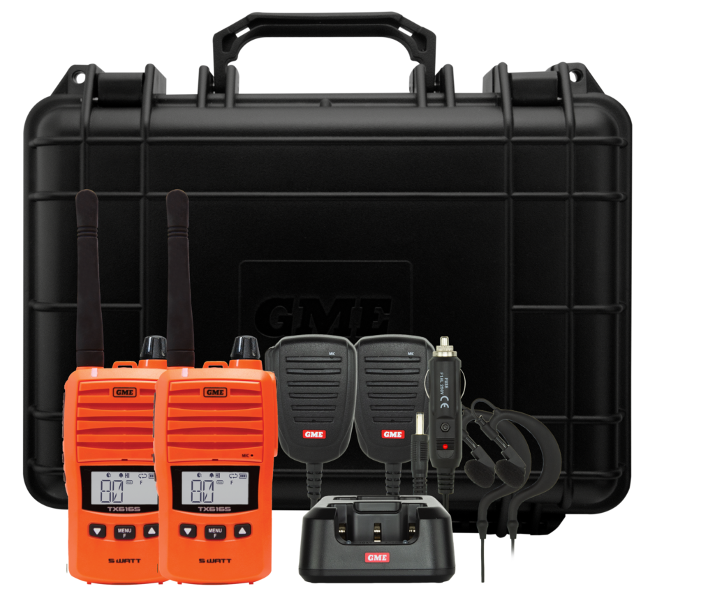 GME TX6165OTP blaze orange twin pack with two 5W UHF CB handheld radios and accessories