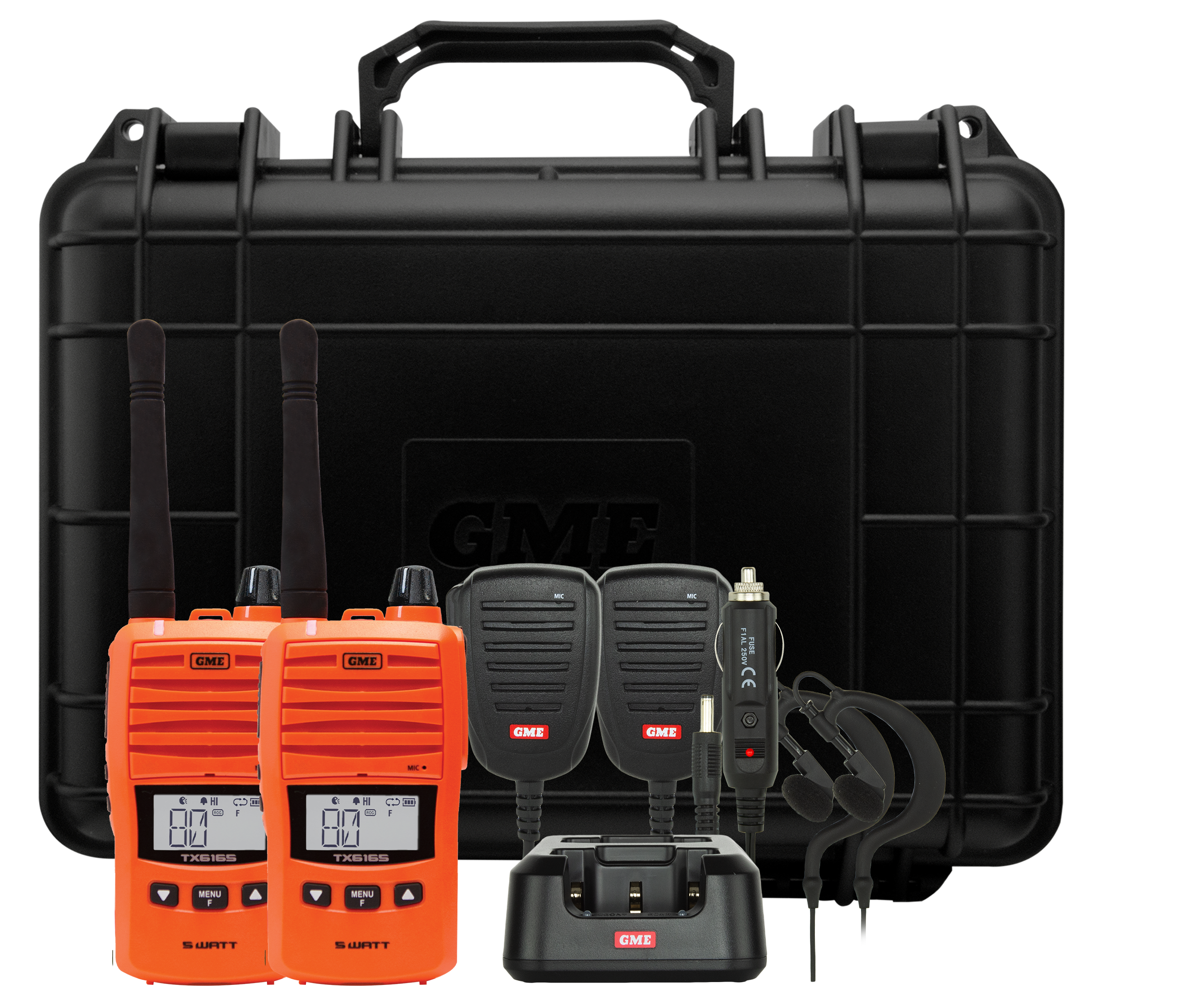 GME TX6165OTP blaze orange twin pack with two 5W UHF CB handheld radios and accessories