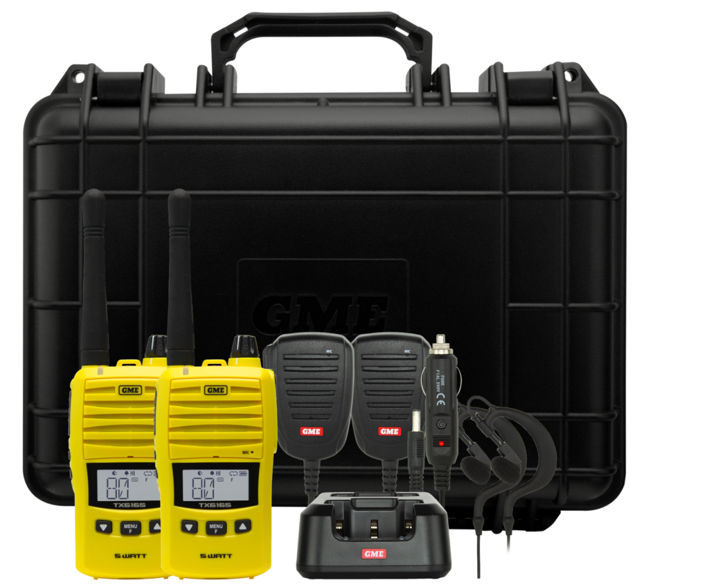 GME TX6165YTP yellow twin pack with two 5W UHF CB handheld radios and accessories