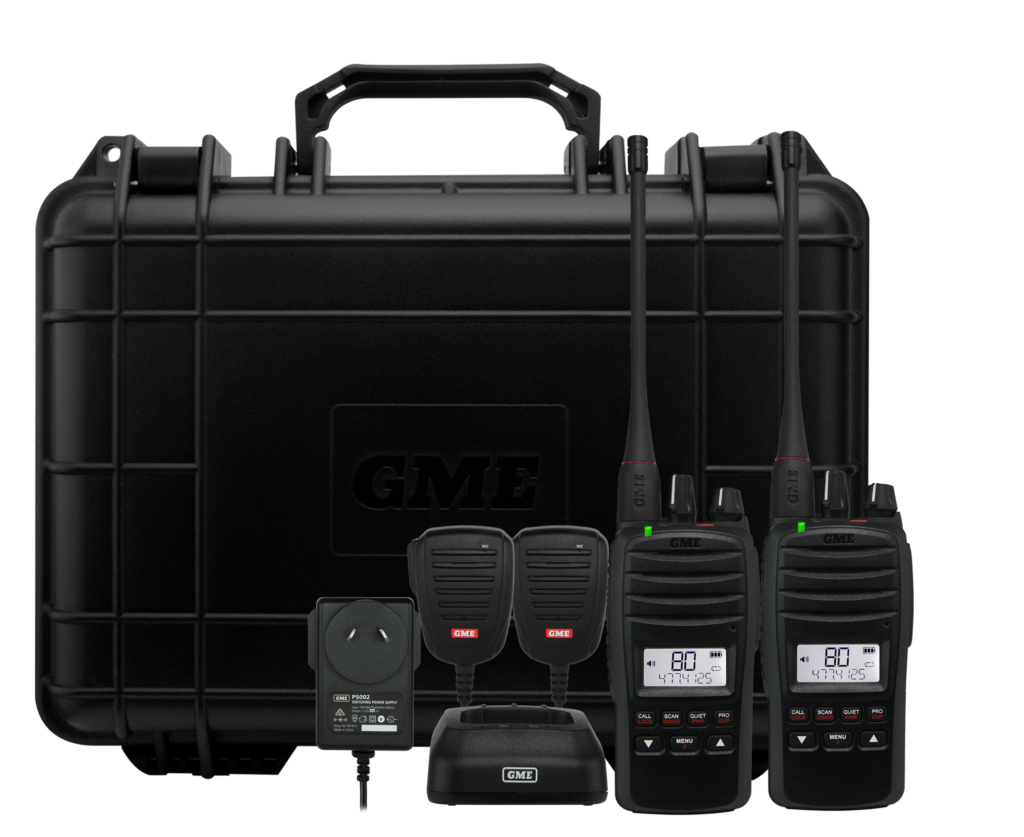GME TX6600STP twin pack with two Australian-made 5W UHF CB handheld radios, speaker microphones, dual charger and carry case
