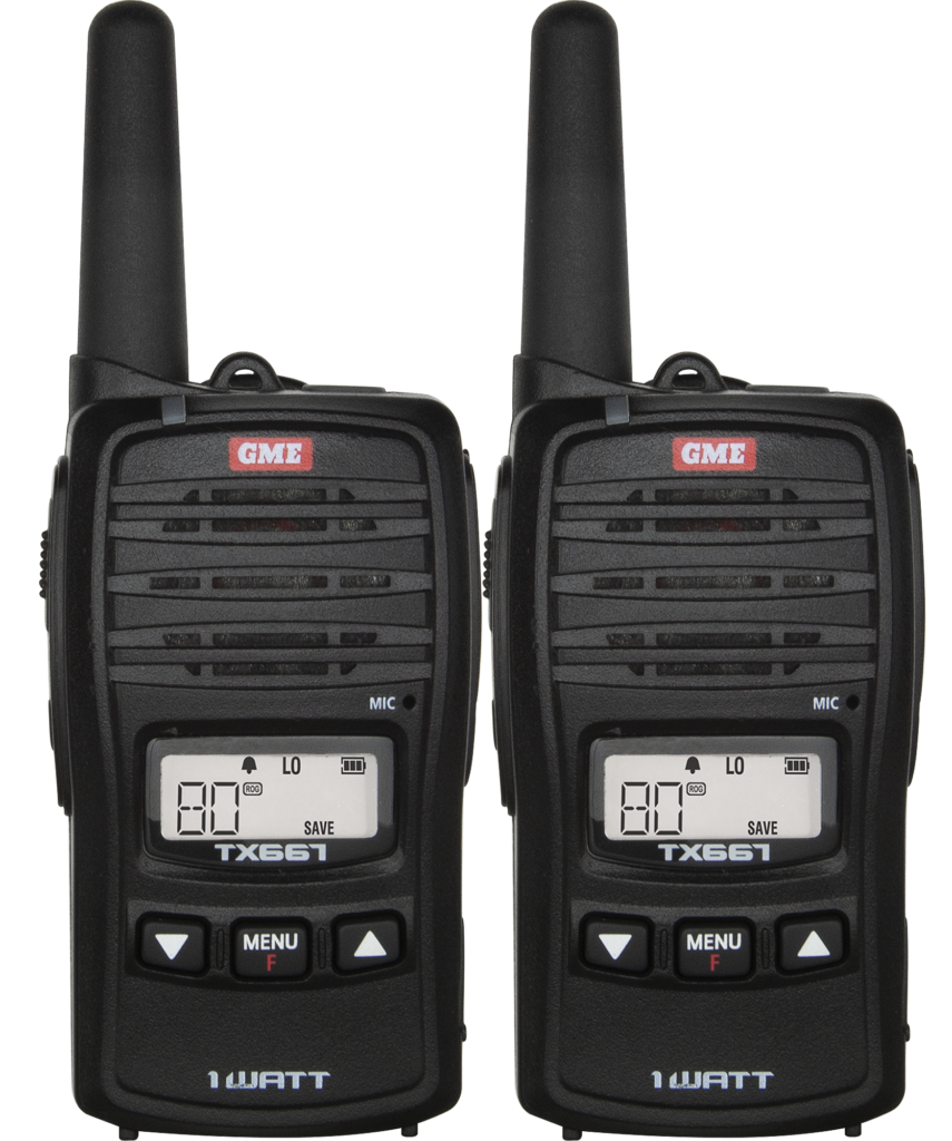 GME TX667TP twin pack with two compact 1W UHF CB handheld radios and charging accessories