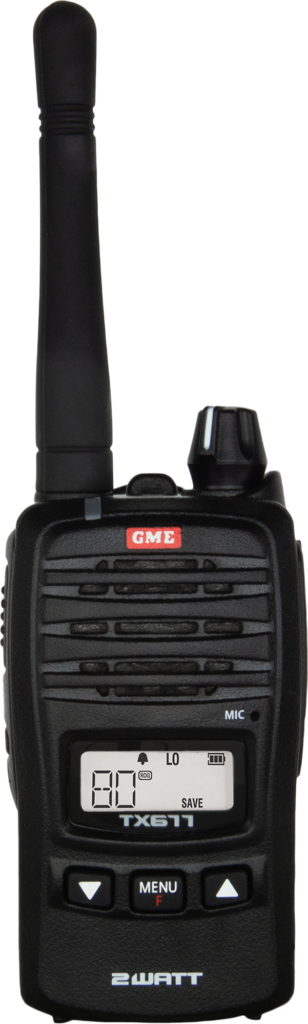 GME TX677 compact 2W UHF CB handheld radio with USB charging
