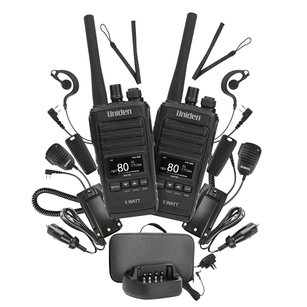 Uniden UH755-2DLX twin pack with two 5W UHF CB handheld radios and charging accessories